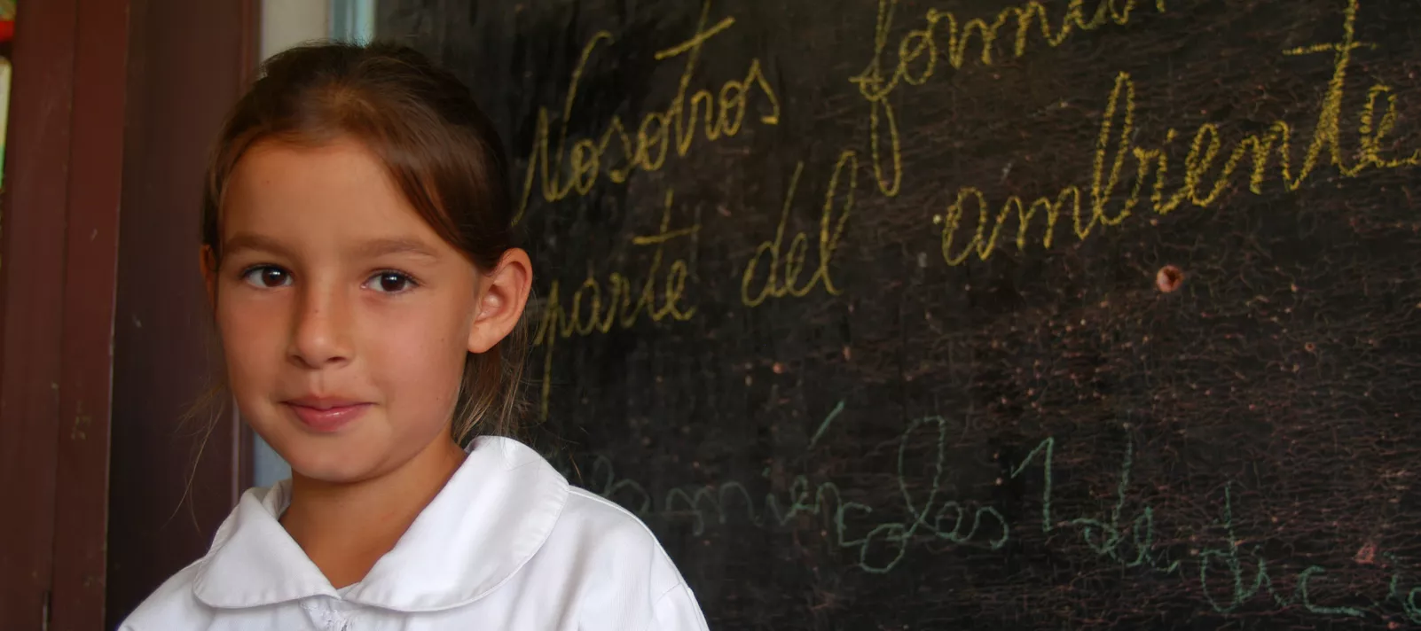 Una ni&ntilde;a vestida con t&uacute;nica y mo&ntilde;a de pie frente al pizarr&oacute;n de tiza en una escuela p&uacute;blica de Uruguay.