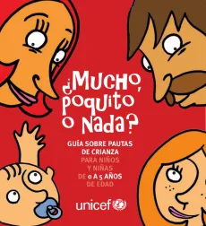 Tapa de publicaci&oacute;n "&iquest;Mucho, poquito o nada?" con la ilustraci&oacute;n de las caras de 3 adultos y un beb&eacute;.
