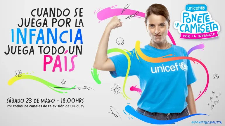 Imagen de la campa&ntilde;a 2026 con slogan "Cuando se juega por la infancia, juega todo un pa&iacute;s" con Ma Noel Riccetto como protagonista