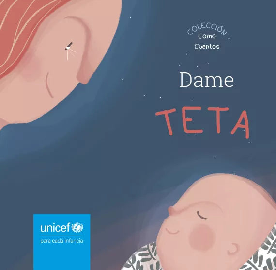 Tapa del cuento &ldquo;Dame teta&rdquo;, con la ilustraci&oacute;n de la cara de una se&ntilde;ora y un beb&eacute; acerc&aacute;ndose, sobre un fondo azul.