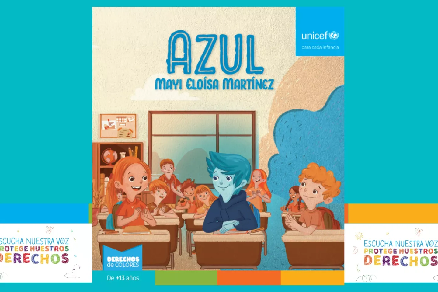 Imagen con la portada del cuento para ni&ntilde;os y ni&ntilde;as, Azul. Es una ilustraci&oacute;n de un ni&ntilde;o azul sentado en un pupitre dentro del sal&oacute;n de clases y todos sus compa&ntilde;eros son anaranjados.