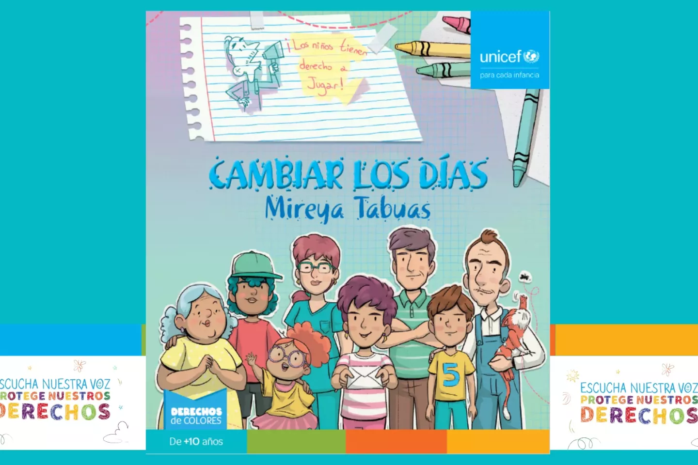 Imagen con la portada del cuento para ni&ntilde;os y ni&ntilde;as, Cambiar los d&iacute;as. Es una ilustraci&oacute;n de una abuela, una mam&aacute;, un pap&aacute;, un joven y una ni&ntilde;a y un ni&ntilde;o y una adolescente con una carta en la mano.