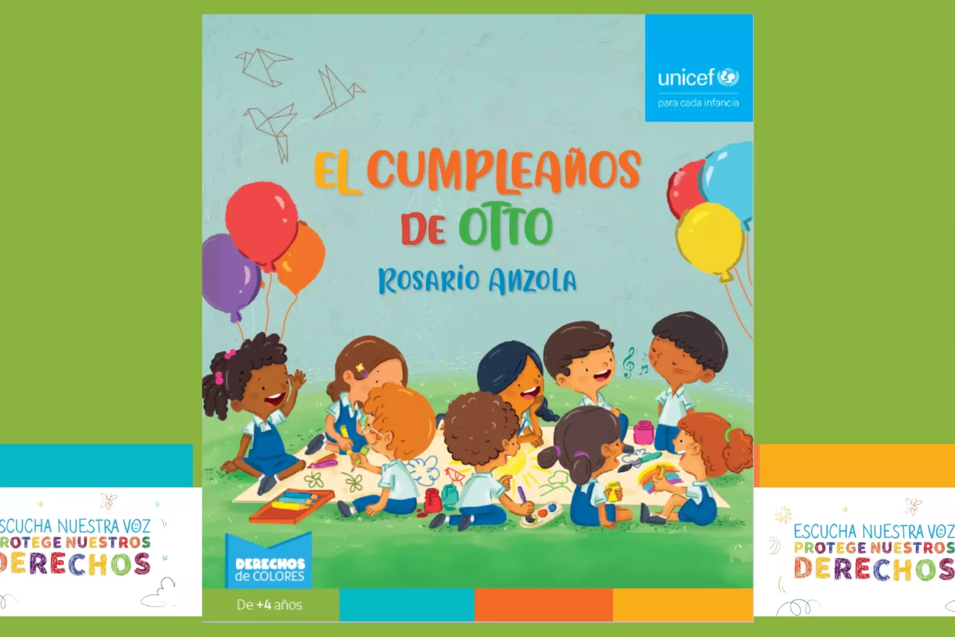 Imagen con la portada del cuento para ni&ntilde;os y ni&ntilde;as, El cumplea&ntilde;os de Otto. Es una ilustraci&oacute;n de un grupo de ni&ntilde;os y ni&ntilde;as con uniforme escolar sentados en el piso de un jard&iacute;n pintando en una gran hoja blanca.