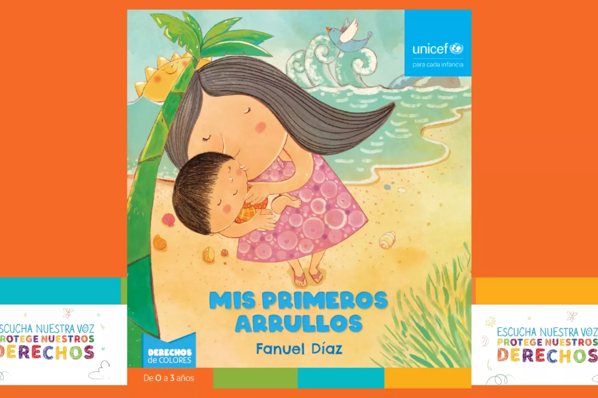 Imagen con la portada del cuento para ni&ntilde;os y ni&ntilde;as, Mis primeros arruyos. Es una ilustraci&oacute;n de una mam&aacute; abrazando a su beb&eacute; en las playa con el mar a su espalda.