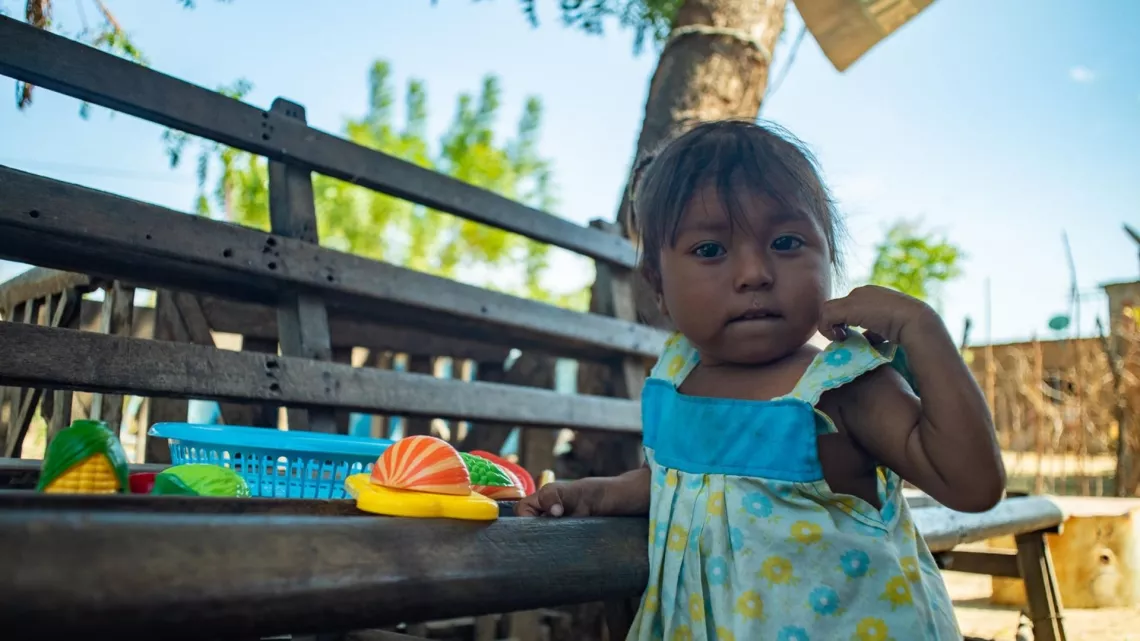 En 2020, Anita, de 4 a&ntilde;os, juega en el patio de su casa en una comunidad ind&iacute;gena en el estado de Zulia. Ella sufr&iacute;a desnutrici&oacute;n y recibi&oacute; tratamiento gracias al trabajo de los promotores comunitarios de UNICEF.
