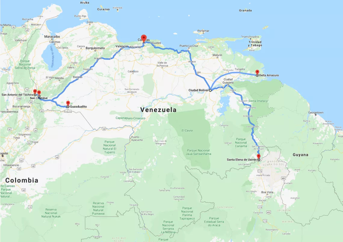 Mapa de Venezuela con el recorrido hecho por el equipo de UNICEF