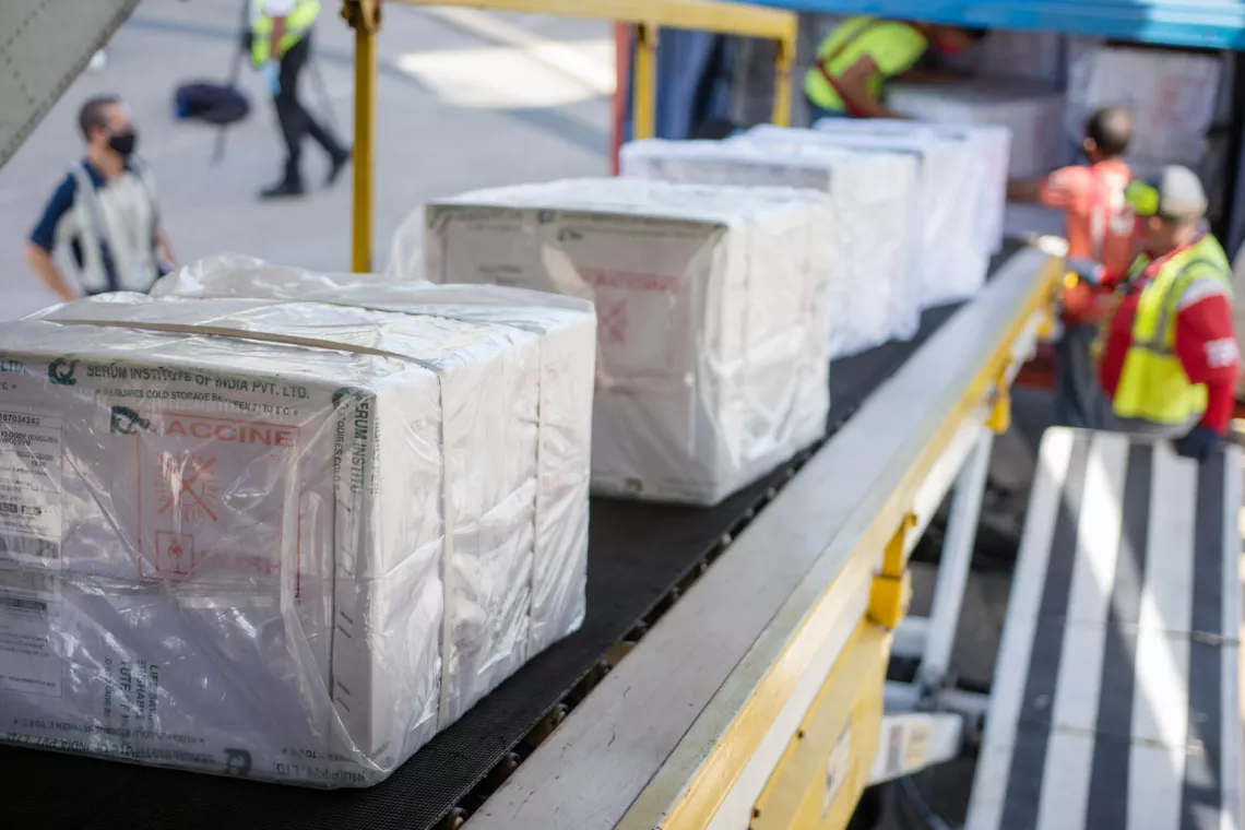 The arrival of vaccines at the main airport in Venezuela. In 2020, UNICEF brought more than 7.3 million doses of vaccines in a coordinated effort with the Pan American Health Organization and national authorities.
