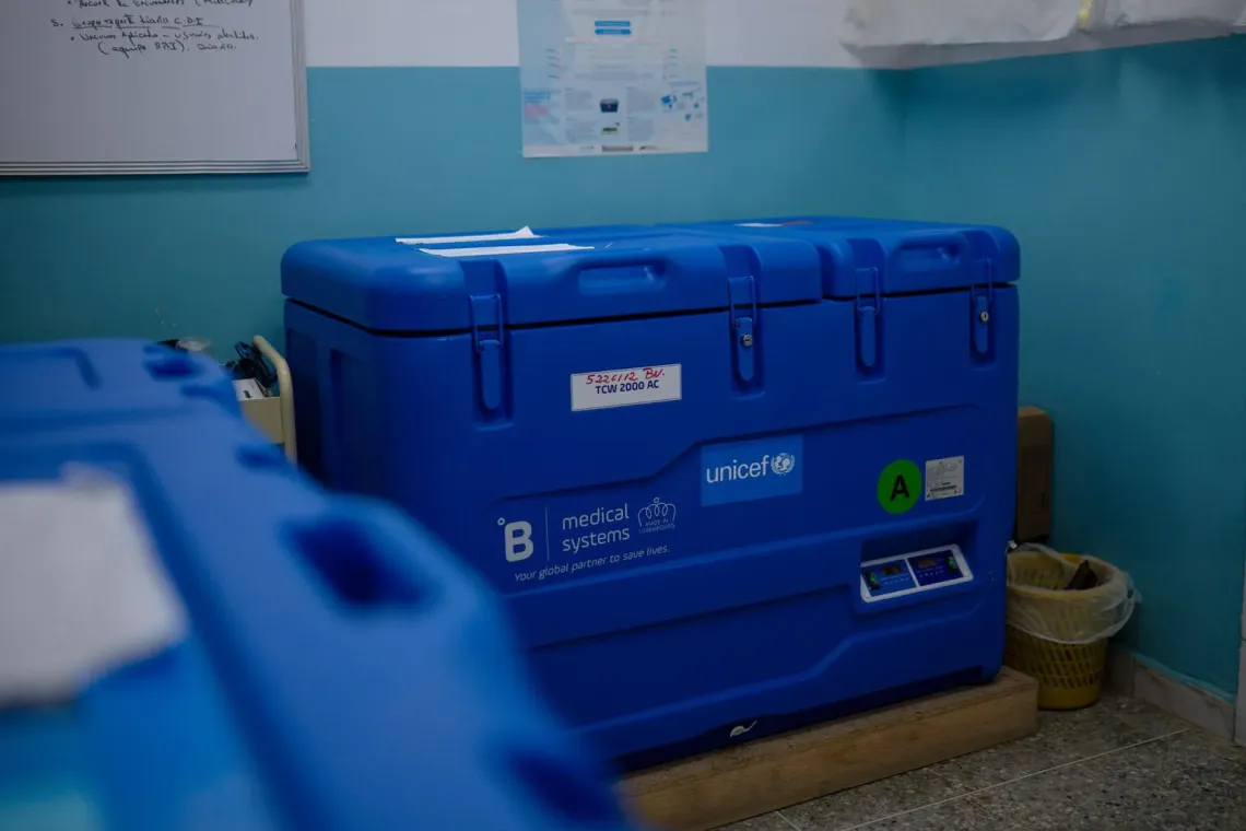 Insulated vaccine containers bearing the UNICEF logo at the health centre in Santa Luc&iacute;a del Tuy, Miranda State, Venezuela.