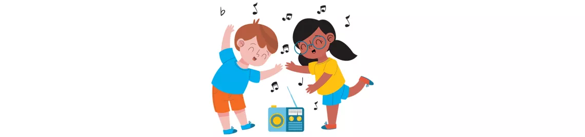 Ni&ntilde;o y ni&ntilde;a bailando mientras escuchan la m&uacute;sica de un radio.