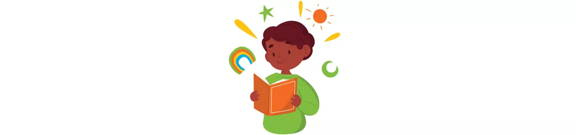 Caricatura de ni&ntilde;o observando su cuaderno.