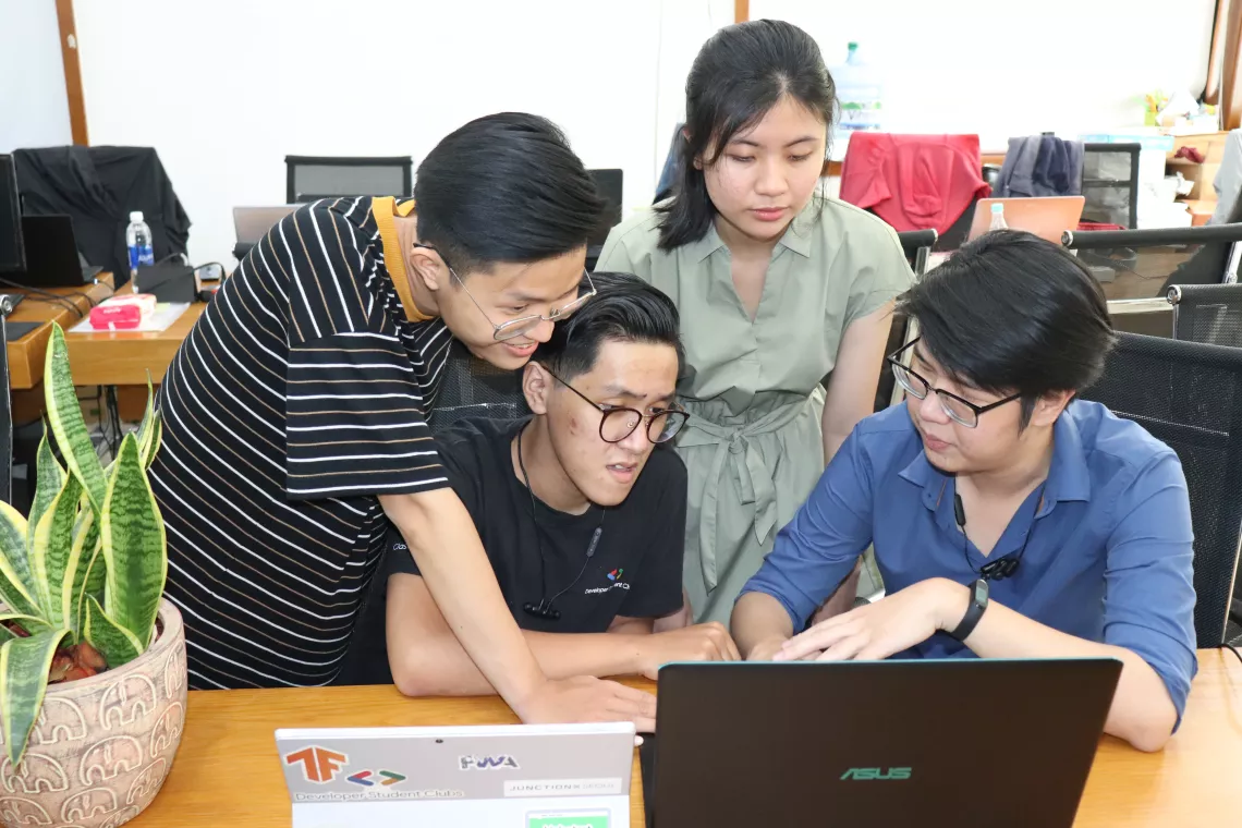 The team often meets at the Youth-led Innovation Lab to work and to consult with mentors and peers.