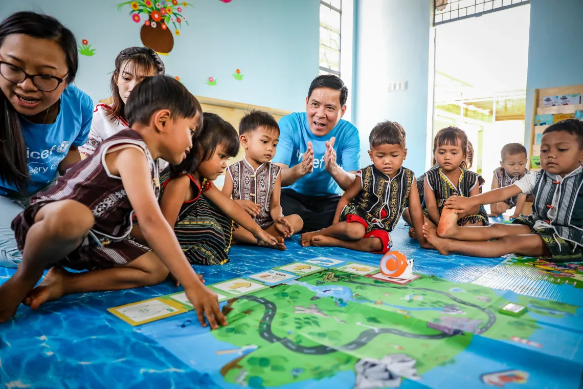 Students in Lo Pang preschool, in the Central Highlands province of Gia Lai, playing with their UNICEF-supported materials.   