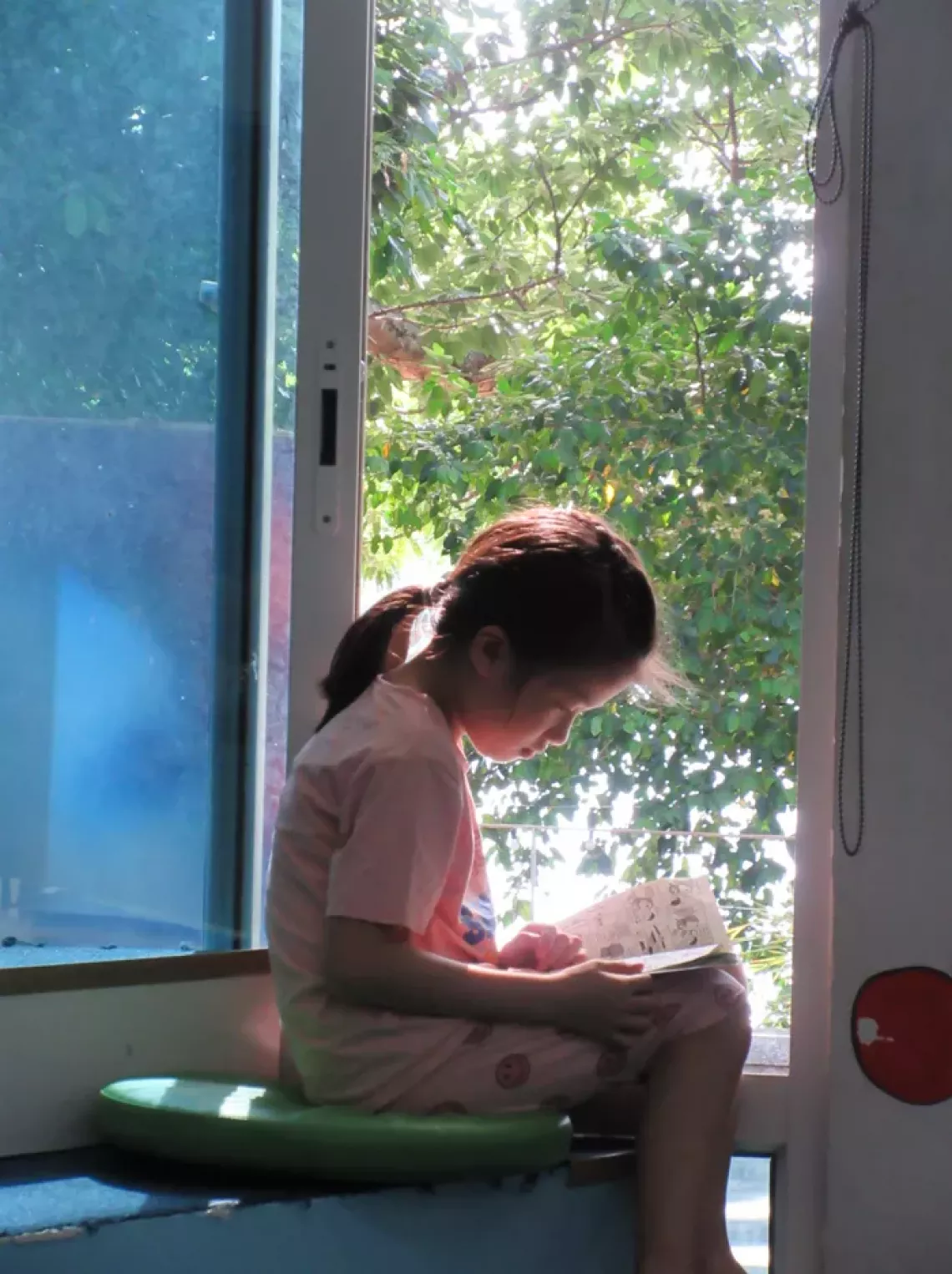 a girl reading by the window