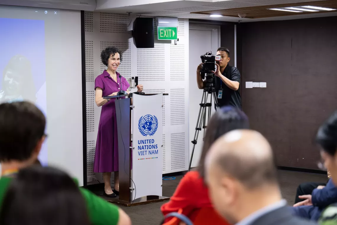 UNICEF Viet Nam Deputy Representative Lesley Miller speaks at the International Day of Play celebration on 30 May 2024.