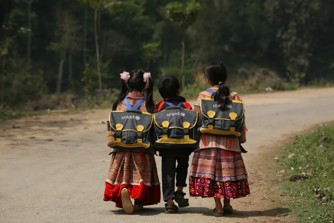 Carrying their UNICEF school bags, 10-year-old Lu Thi Dung (left), her six-year-old brother Lu Seo Nha (centre), and her 10-year-old cousin Thao Thi Linh walk home from Ban Pho primary school in 2009 to their community in northern Lao Cai province&rsquo;s Bac Han District.