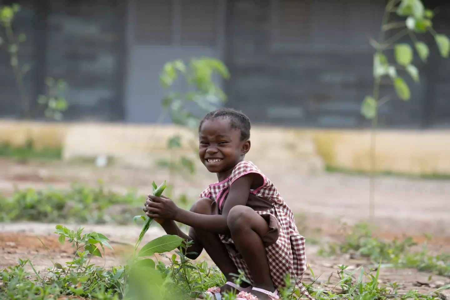A little girl kneeling as she plants a plant, as part of the Green School Initiative