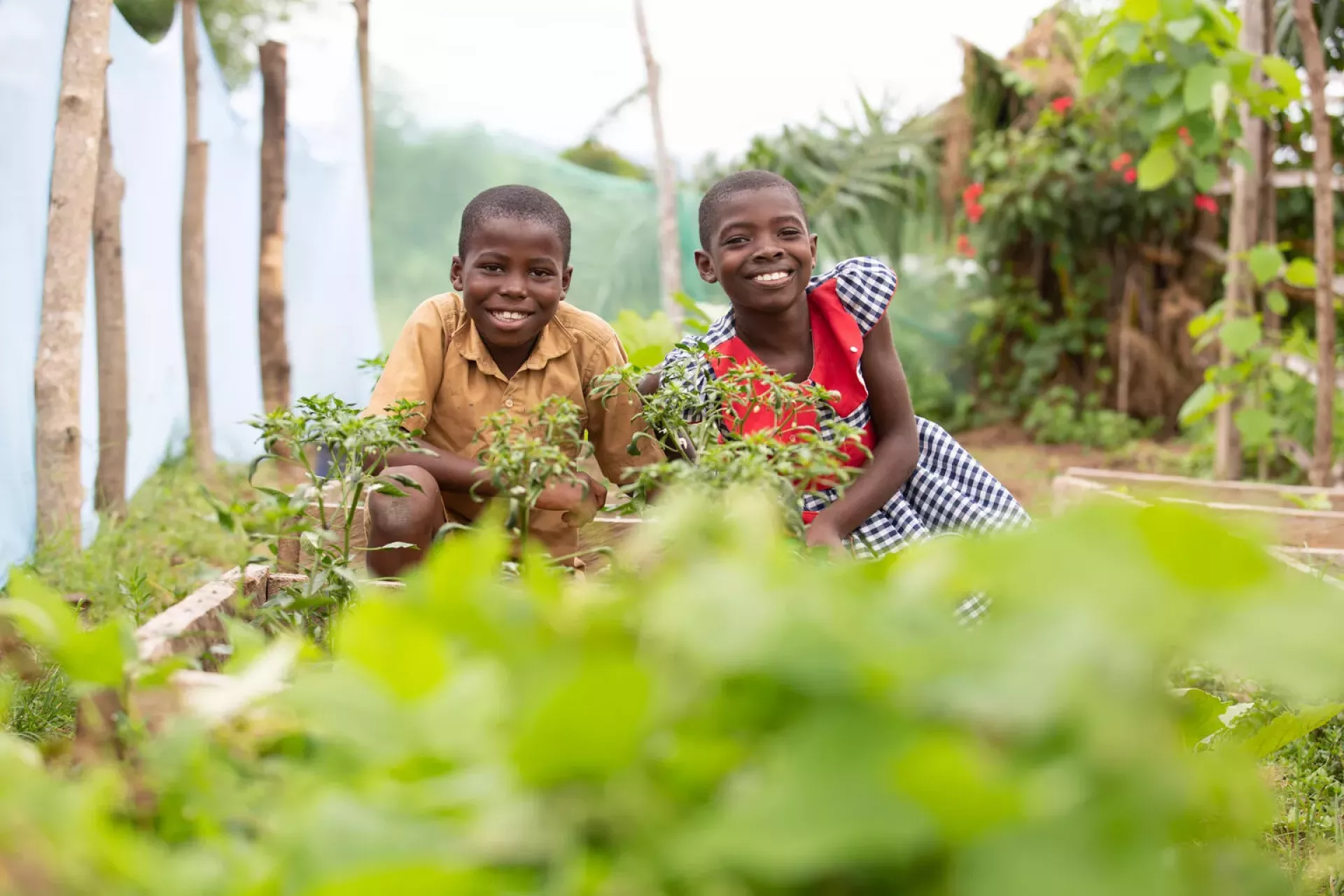 Two students (a boy and a girl) smiling in the garden they've helped plant