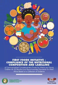 A publication cover featuring colorful illustration featuring African women and children surrounded by healthy local food