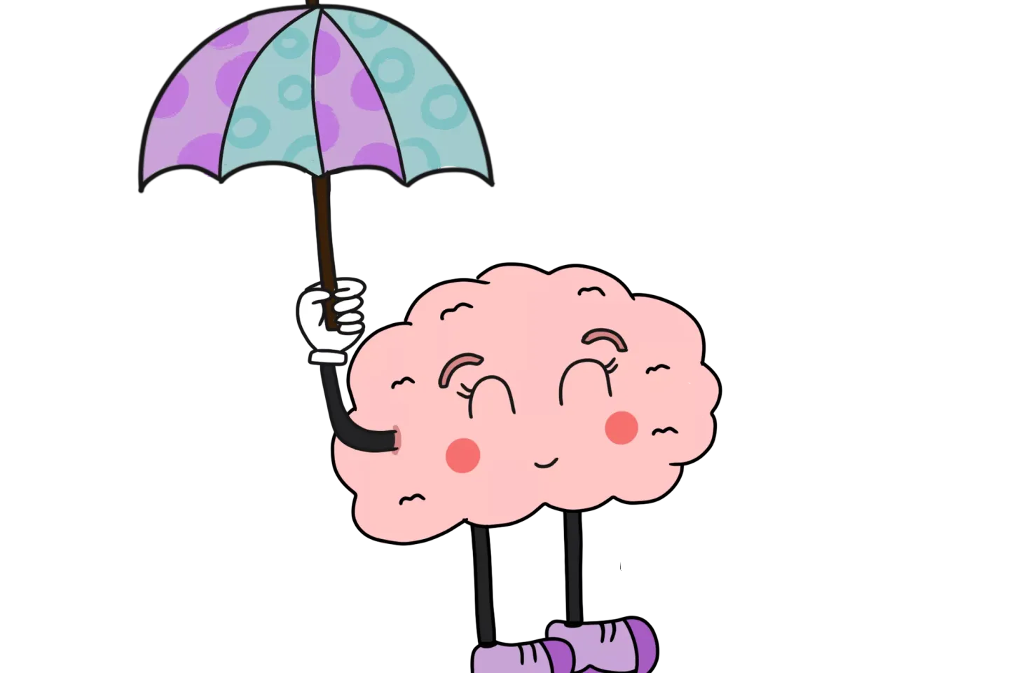 An illustration of a cartoon brain holding an umbrella and smiling
