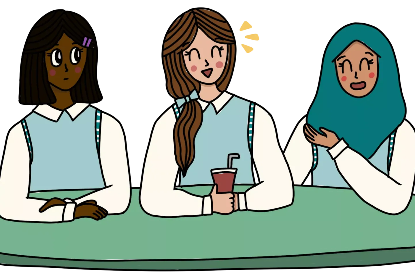 An illustration of three girls sitting at a lunch table at school