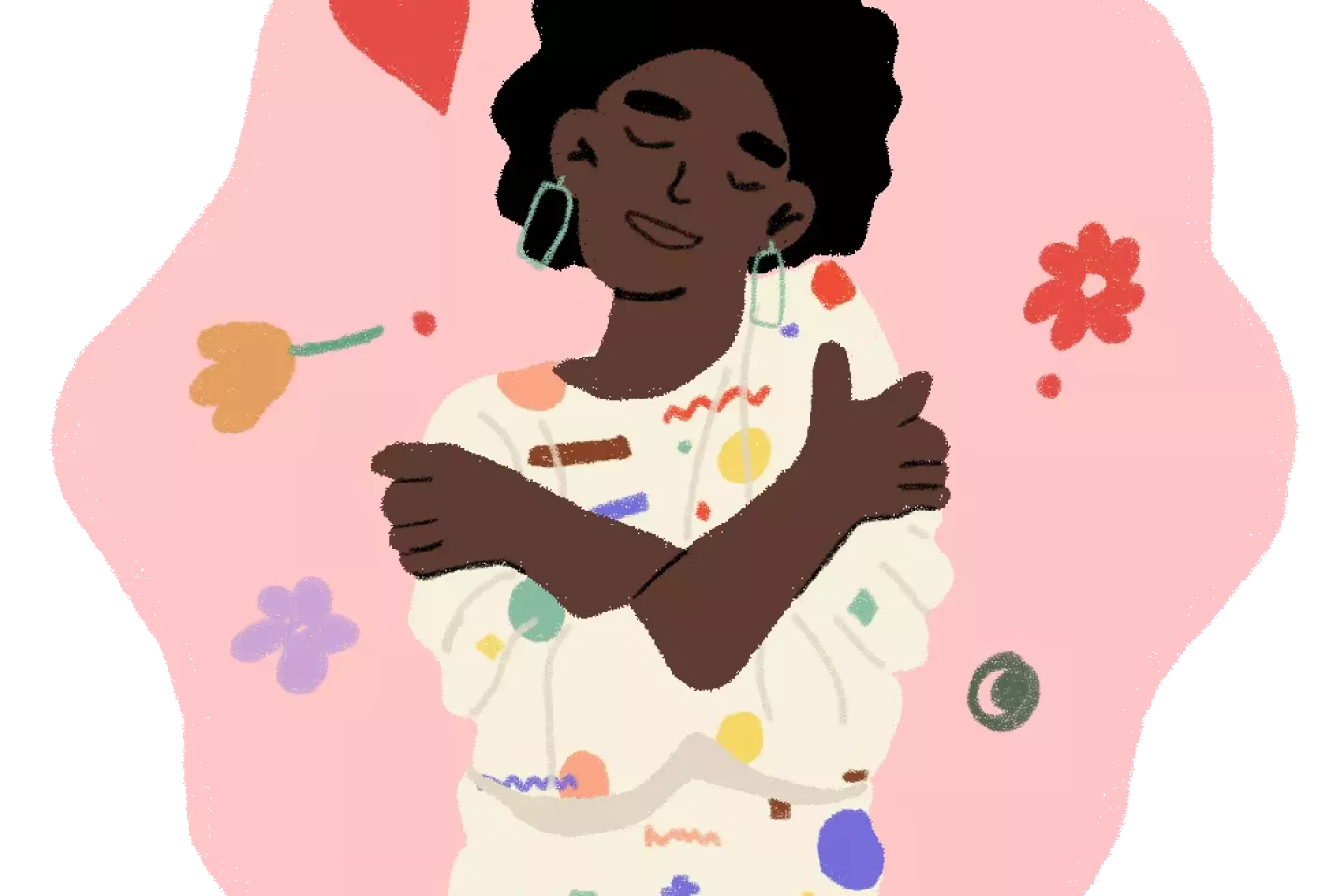 An illustration of a young woman with her arms wrapped around herself
