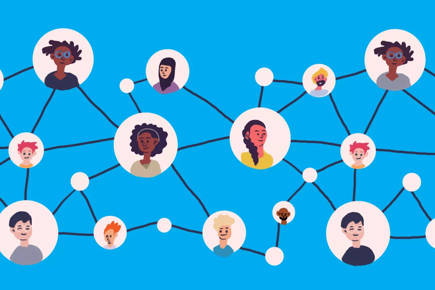 An illustration of a web, connecting different drawings of faces