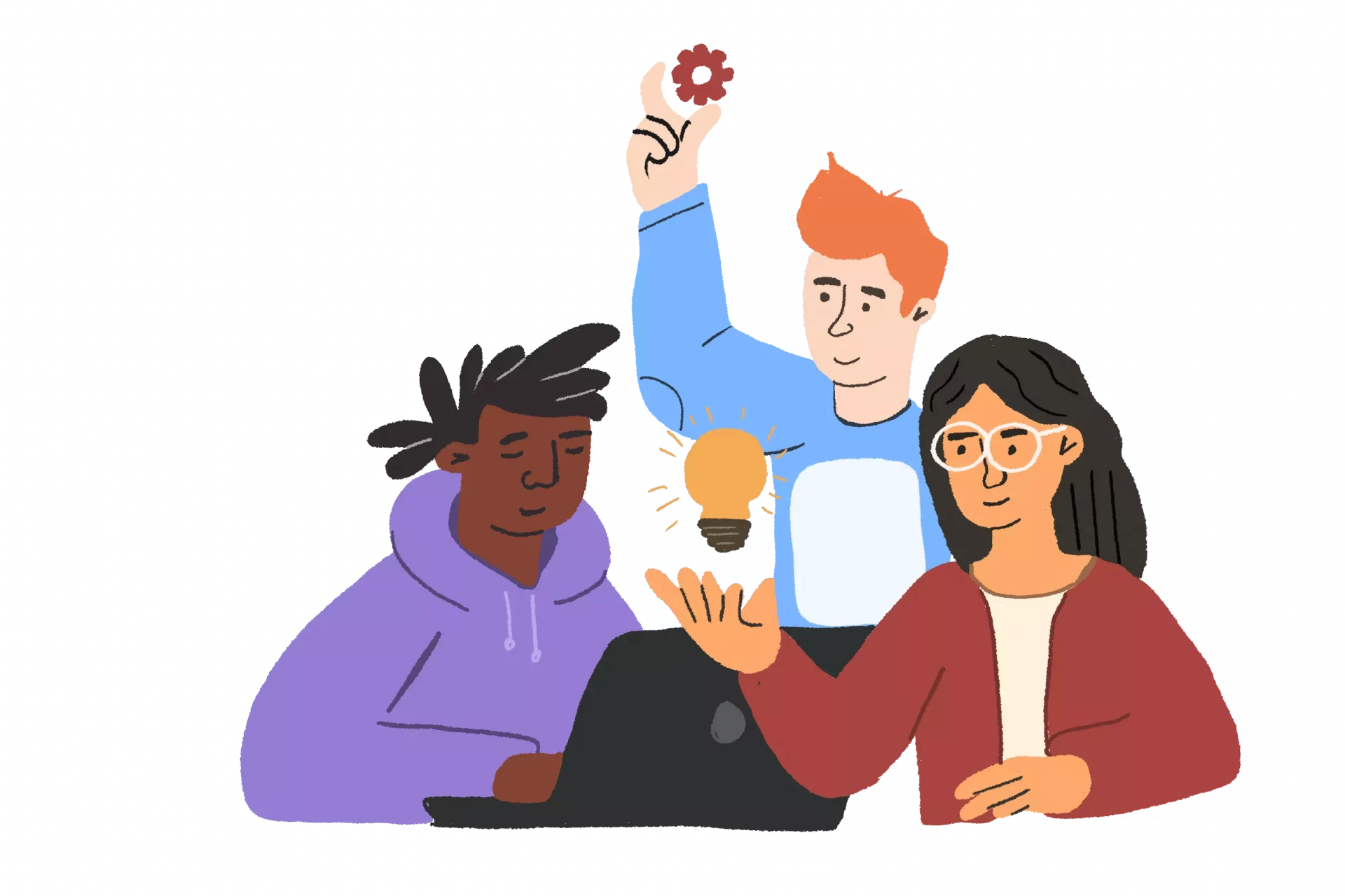An illustration of three people working together. One is holding a gear, one is working on a laptop, and one is holding a lightbulb