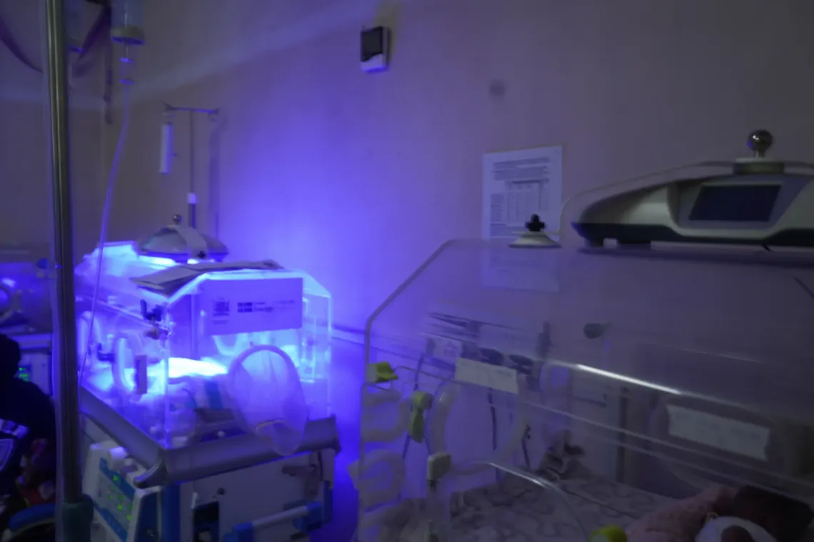 A newborn receives care in an incubator at Chifunabuli District Hospital, Luapula Province.