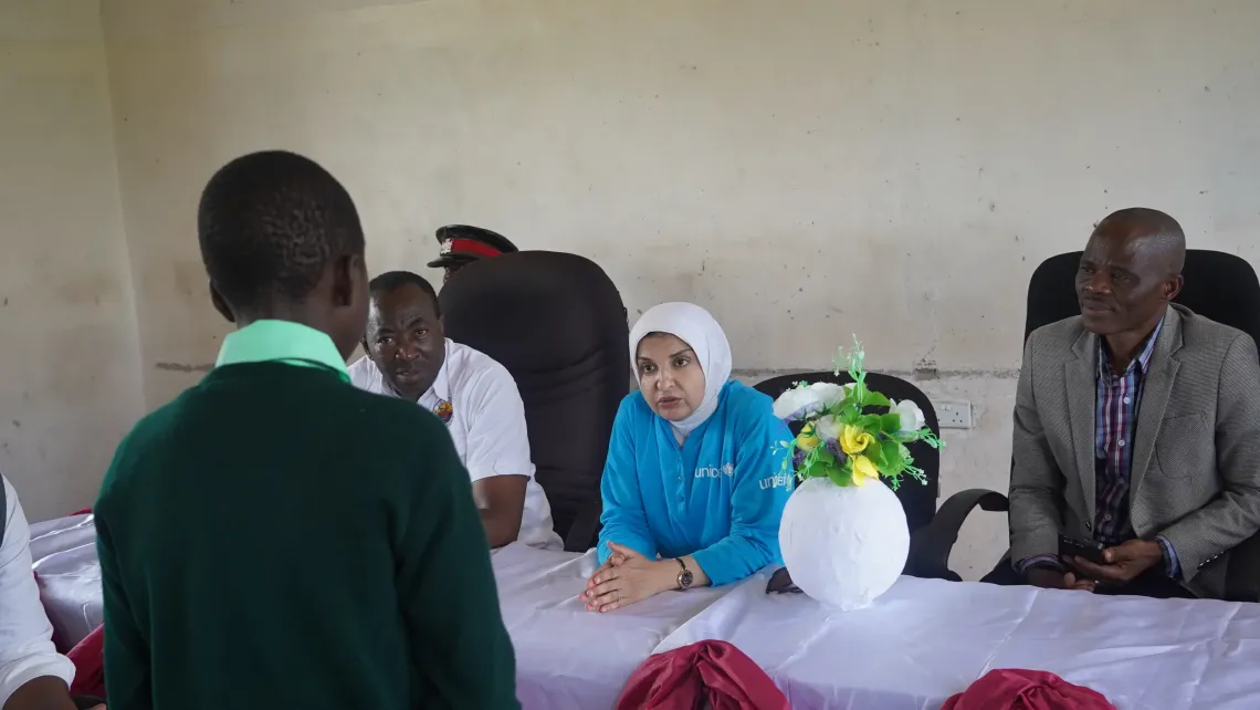 Dr. Saja Farooq Abdullah, UNICEF Zambia Representative, listens to a learner during a school visit in North-Western Province as part of the EC4HD Programme familiarisation mission.