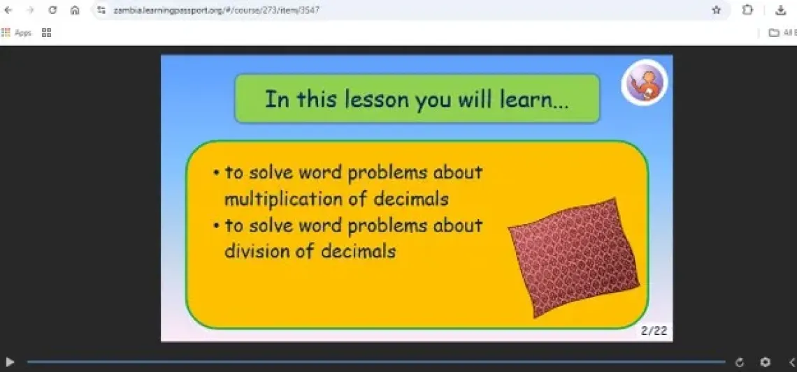 Screenshot of a Zambia Learning Passport mathematics lesson introducing multiplication and division of decimals.