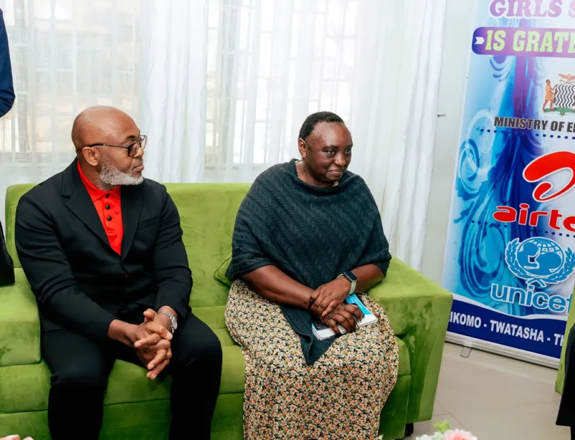Education leaders, UNICEF and Airtel representatives engage in a discussion with St. Monica's Girls' Secondary School staff