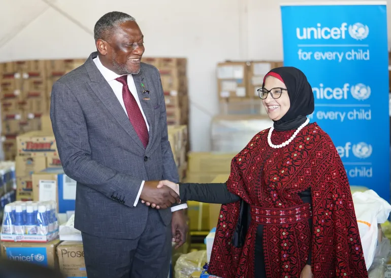 UNICEF Representative Dr. Saja Farooq Abdullah hands over life-saving supplies to Dr. Kennedy Lishimpi