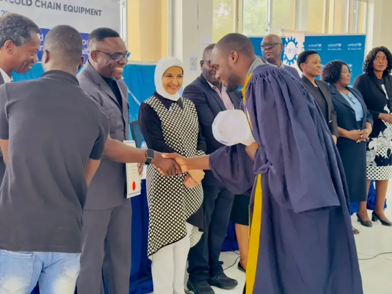 Copperbelt Permanent Secretary Mr. Lawrence Mwanza and UNICEF Representative Dr. Saja Farooq Abdullah at the graduating ceremony for cold chain technicians and launch of maintenance campaign and decommissioning of obsolete chain equipment at NORTEC.