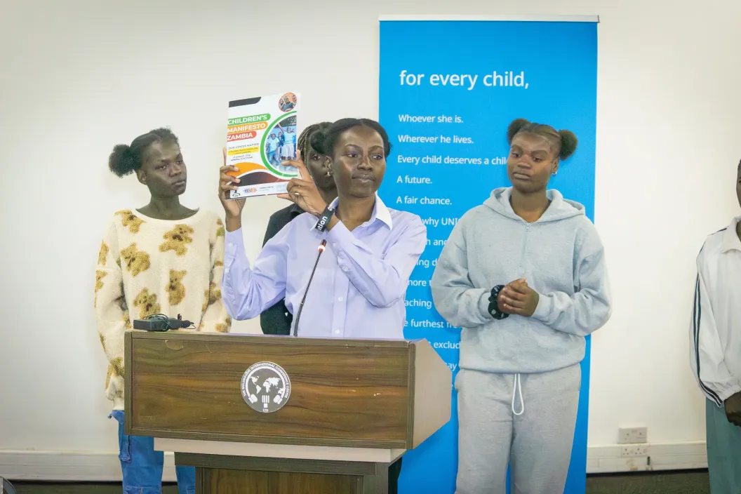 Seventeen-year-old Faith leads fellow children in presenting the National Children&rsquo;s Manifesto at its launch in Lusaka&rsquo;s Mulungushi International Conference Centre.